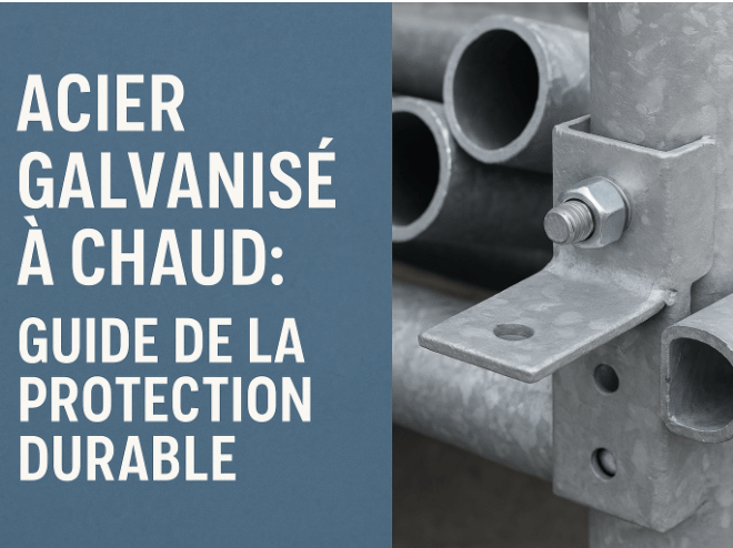 Gros plan sur des pièces en acier galvanisé à chaud avec texte "Acier galvanisé à chaud : guide de la protection durable"