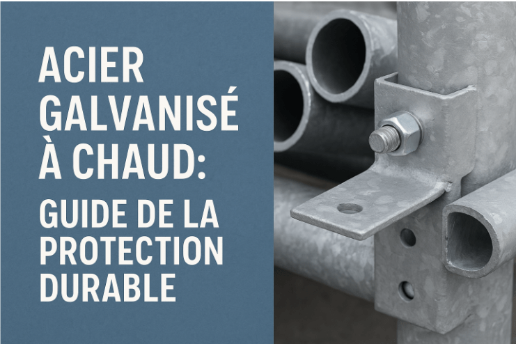 Gros plan sur des pièces en acier galvanisé à chaud avec texte "Acier galvanisé à chaud : guide de la protection durable"