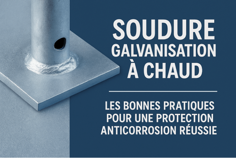 Vue détaillée d’une soudure galvanisée conforme avec perçage, texte pédagogique sur fond bleu.