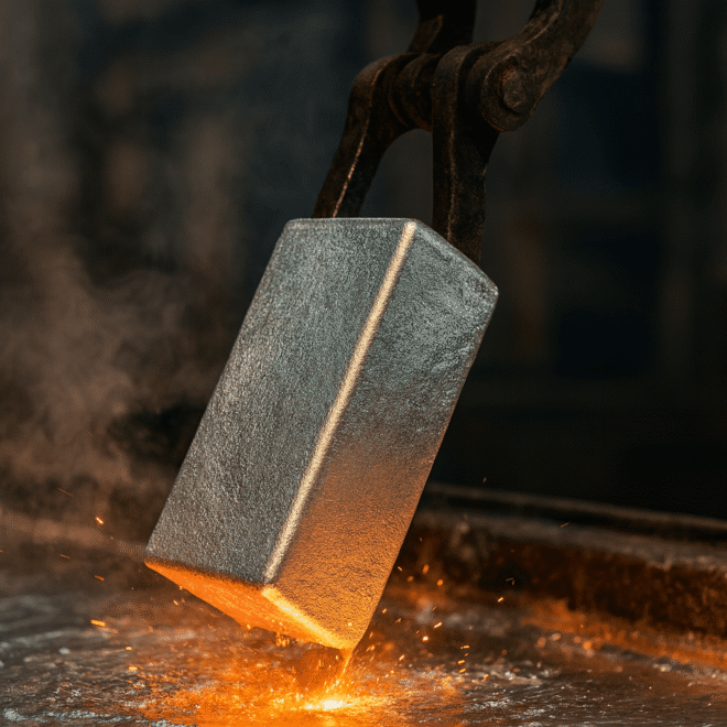 Lingot de zinc de première fusion plongé dans un bain de zinc en fusion avec outillage industriel